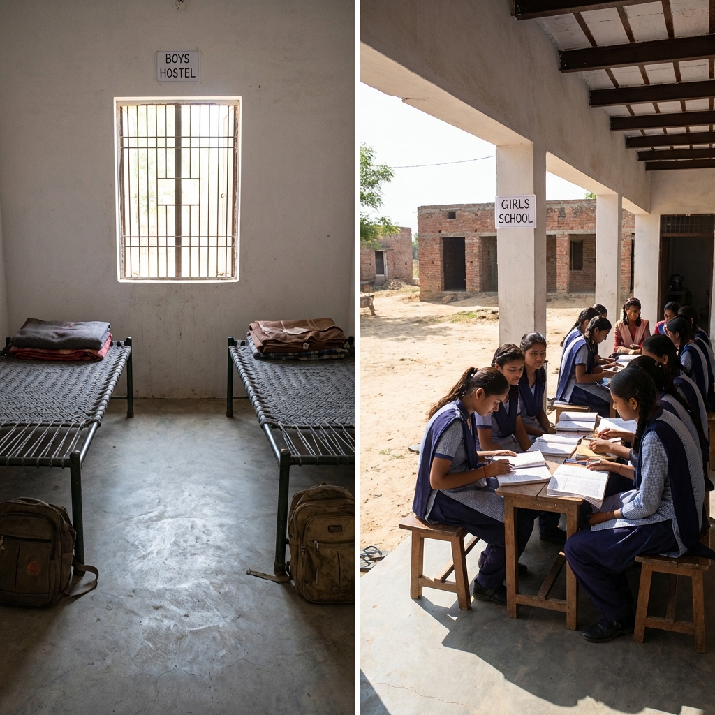 Parallel of residential boys and day-scholar girls learning